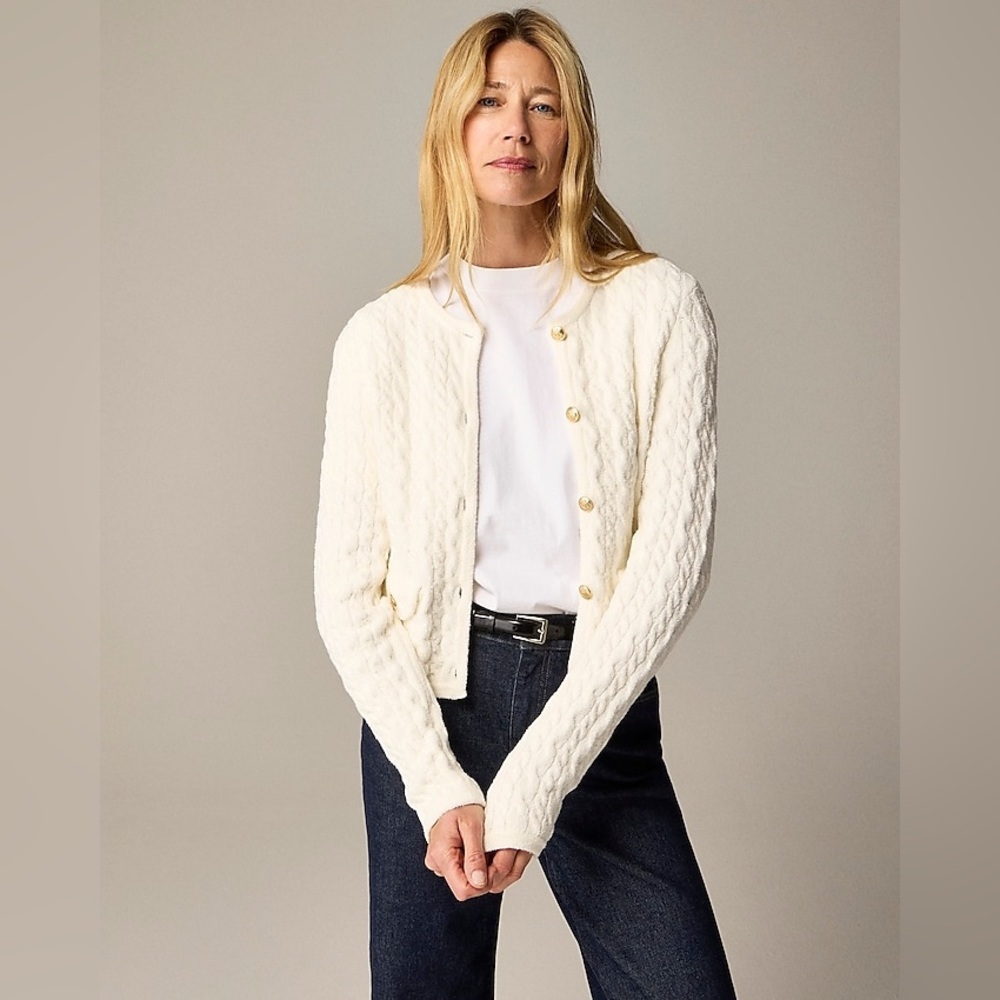 J.Crew Odette cable-knit sweater lady jacket in cotton-blend bouclé size L NWT